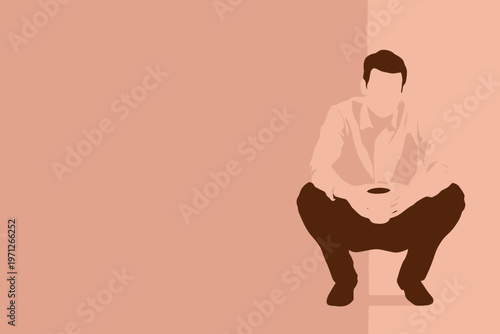 Illustrated caucasian male in squatting pose holding coffee cup against minimal background