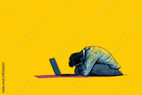 Exhausted young male with laptop on yellow background