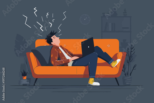 Young caucasian male relaxing with laptop on orange couch in modern living room