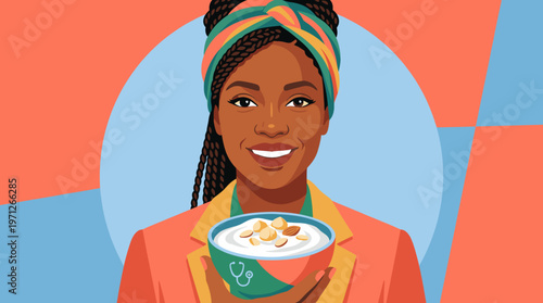 Confident woman with skyr bowl and fruit toppings smiling at viewer in bright modern style, vector. Concept of empowered healthy eating, self care, and joyful nutrition routine.