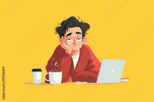 Bored young adult male with laptop and coffee on yellow background