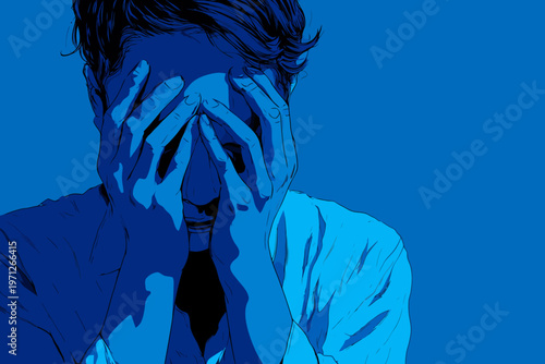 Sad young caucasian male in blue art illustration holding head in hands