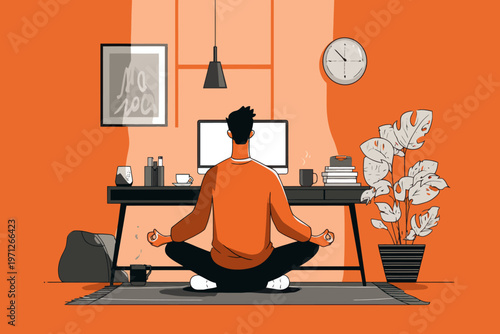 Young caucasian male practicing meditation at home desk in orange room