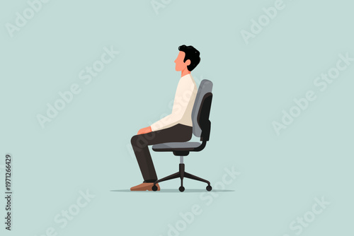 Male character sitting on office chair with good posture on light background
