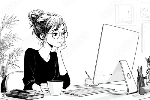 Young asian female artist illustrates at workspace with computer and mug