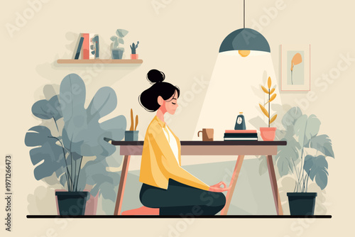 Young asian female meditating in cozy home office filled with plants