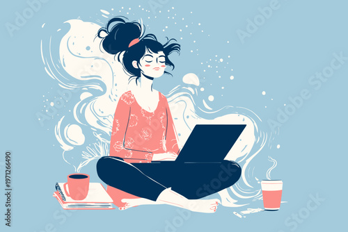 Young caucasian female meditating with laptop and coffee in serene setting