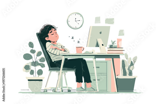 Young caucasian female asleep at office desk with computer in modern workspace