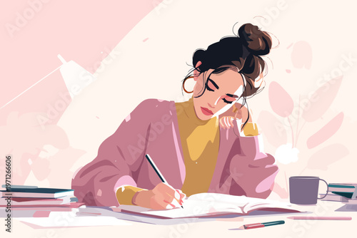 Young caucasian female writing in notebook with coffee in cozy pastel setting