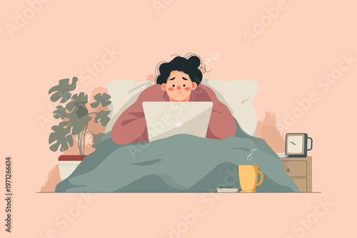 Female asian young adult relaxing in bed with laptop and mug in cozy bedroom scene