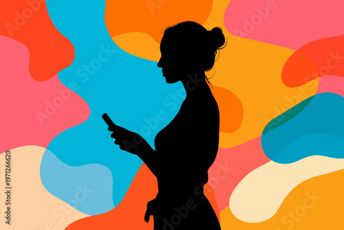 Silhouette of female using smartphone against colorful abstract background