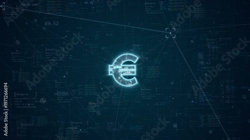 Motion graphic of euro symbol, digital finance interface and fintech data network, creating a futuristic currency background for banking, payment and technology videos.