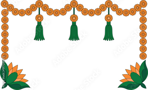 Orange flowers and green leaves frame with tassels hanging down