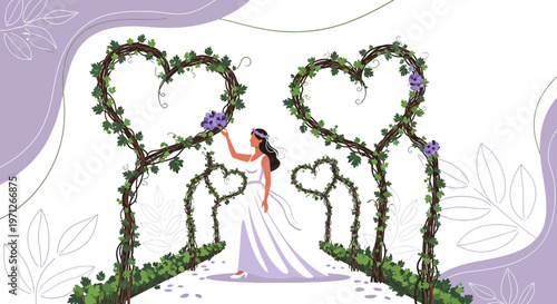 Bride Holding Bouquet Under Heart-Shaped Archways Surrounded by Greenery