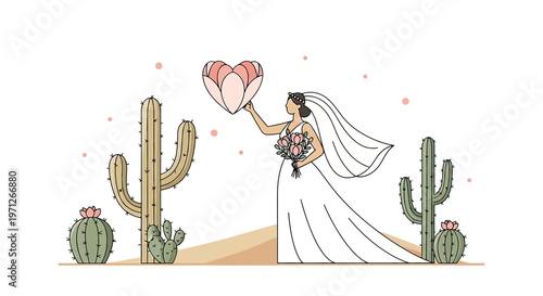 Bride Holding Heart Flower in Desert with Cacti - Unique Wedding Illustration