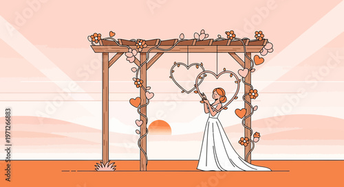 Bride Holding Heart Garland Under Wedding Arch at Sunset