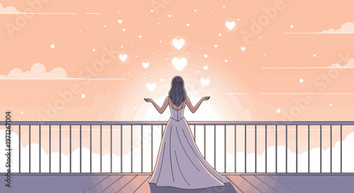Bride Releasing Hearts at Sunrise, Romantic Wedding Illustration