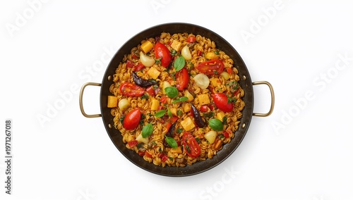 Vegan paella with saffron and fresh vegetables in pan on white background, colorful plantbased spanish cuisine, healthy mediterranean dish