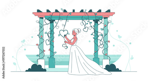 Bride Under Wedding Arch with Heart Decorations