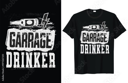 T shirt design featuring a beer bottle lightning bolt and garage drinker text