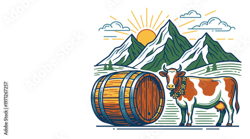 Cow near wooden barrel with mountains and rising sun in stylized rural scene, vector. Concept of traditional dairy origin, natural sourcing, and farm to table nutrition story.