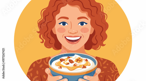 Smiling young woman holding bowl of skyr with nuts in bright flat style, vector. Concept of joyful healthy eating, morning energy, and positive nutrition habits.