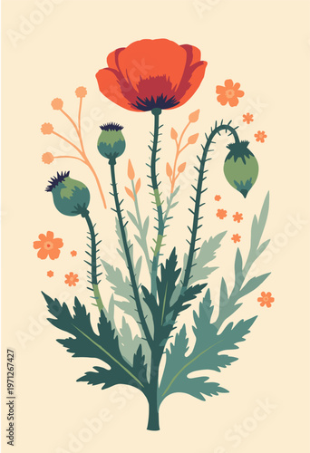 maximalist botanical poster illustrating life cycle poppy Seed, sprout, bud, flower, seed pod arranged circular flow Detailed but clean flat Room copy