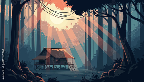 Rustic wooden hut nestled in a sunlit forest clearing