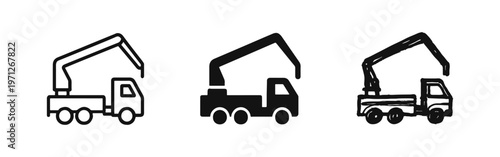Crane Truck Icons Set. Lifting Equipment Vehicle Symbols for Construction and Logistics.