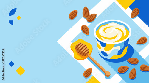 Minimal top view arrangement of skyr packaging with honey dipper and scattered almonds. Concept of modern nutrition planning, clean label products, and simple healthy meal preparation.