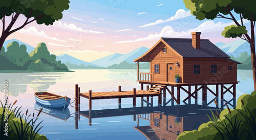 Rustic Wooden Cabin on Stilts Overlooking Calm Lake Waters