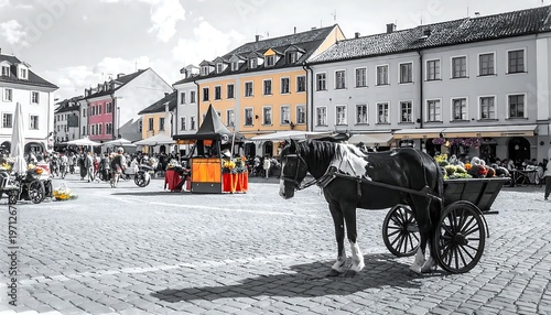 Horse-drawn carriage in a European town square, selective color.