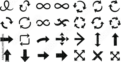 Collection of hand drawn black arrows and circular rotation symbols