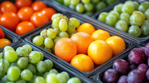 Fresh Fruits on Display in Colorful Market Baskets and Trays