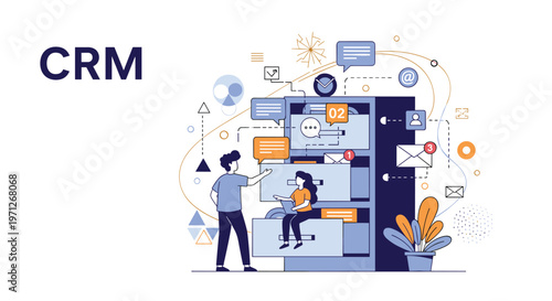 Customer relationship management concept illustration showing office workers managing digital data in a giant filing cabinet.