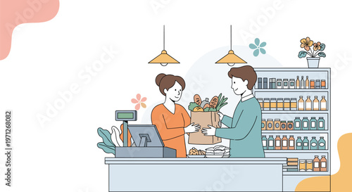 Supermarket cashier handing a brown paper bag of fresh groceries to a young male customer at the retail checkout counter.
