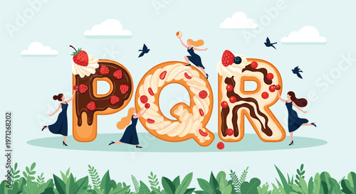 Letters p q and r decorated like delicious glazed donuts with cream and strawberries served by tiny female characters.