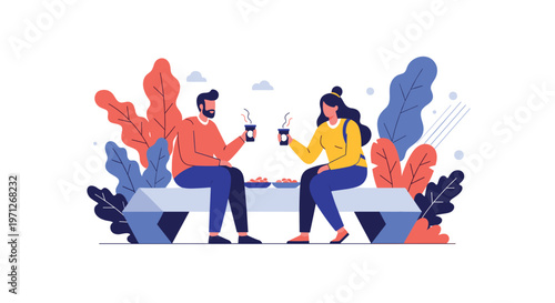 Romantic couple sitting on a modern blue bench enjoying coffee together in a park with colorful autumn leaves around them.