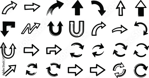 Collection of black arrows diverse directions and shapes for visual communication