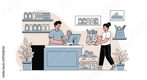 Young man and woman shopping at a zero waste grocery store where they fill reusable bags and jars with sustainable food.