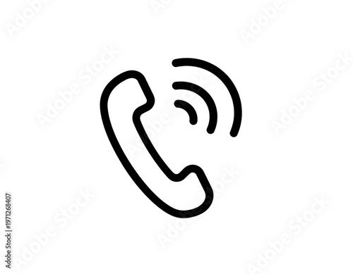 A monochrome illustration of a classic telephone handset emitting sound waves. The simple design emphasizes communication. The style is minimalist and easily recognizable
