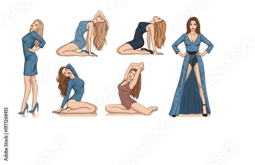  silhouettes set of beautiful sexy women various lying,