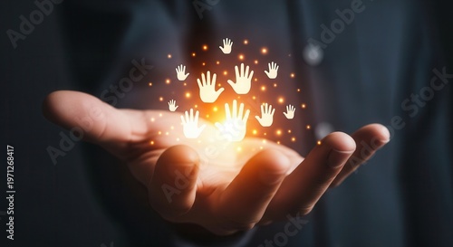 Open hand holding glowing Hand group icons, warm light center, dark background