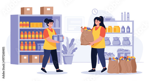 Two pantry workers organizing boxes and food supplies on tall shelves inside a storage warehouse for inventory management.