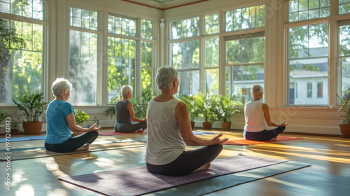 Tranquil Senior Women Practicing Yoga and Meditation in Natural Light