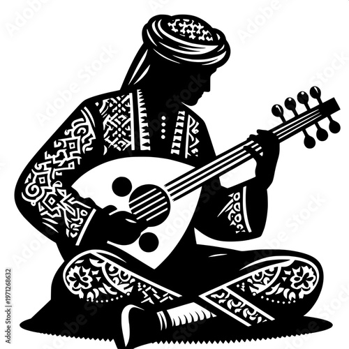 musician playing ornate oud instrument in traditional arabic attire line art