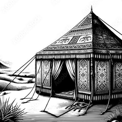 intricate wooden gazebo with ornate carvings in snowy winter landscape line art