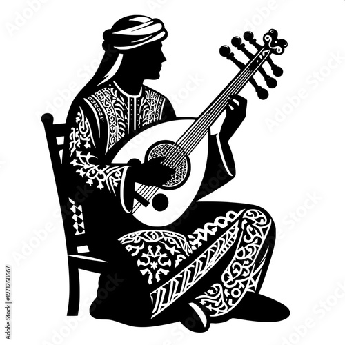 Middle Eastern musician playing traditional oud instrument in ornate cultural attire