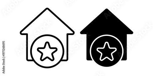 Home favorite star icon set with rating review feedback concept outline and solid style icons