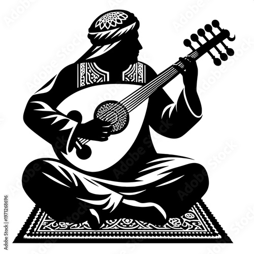 Traditional Middle Eastern musician playing oud on ornate rug in monochrome illustration